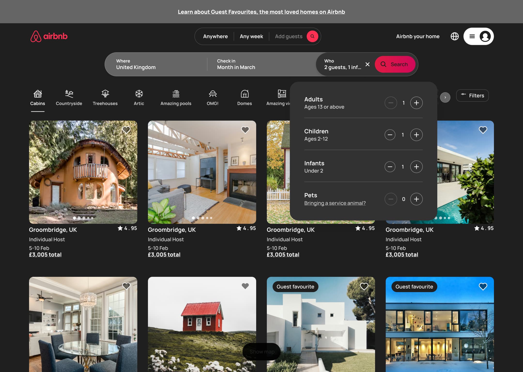Dark mode: desktop guests with adults, children and infants.
