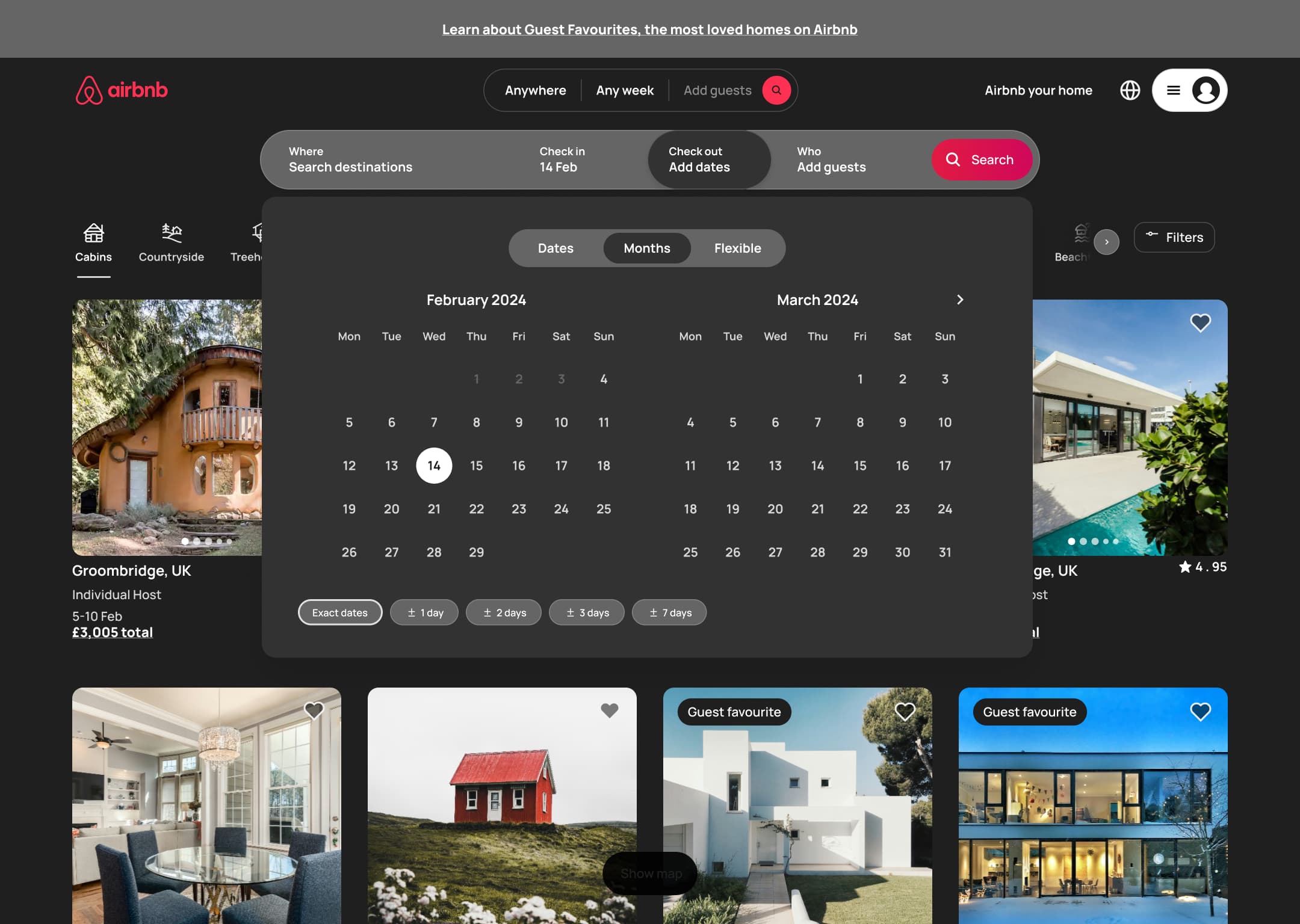 Dark mode: desktop calendar check-in set, check-out active.
