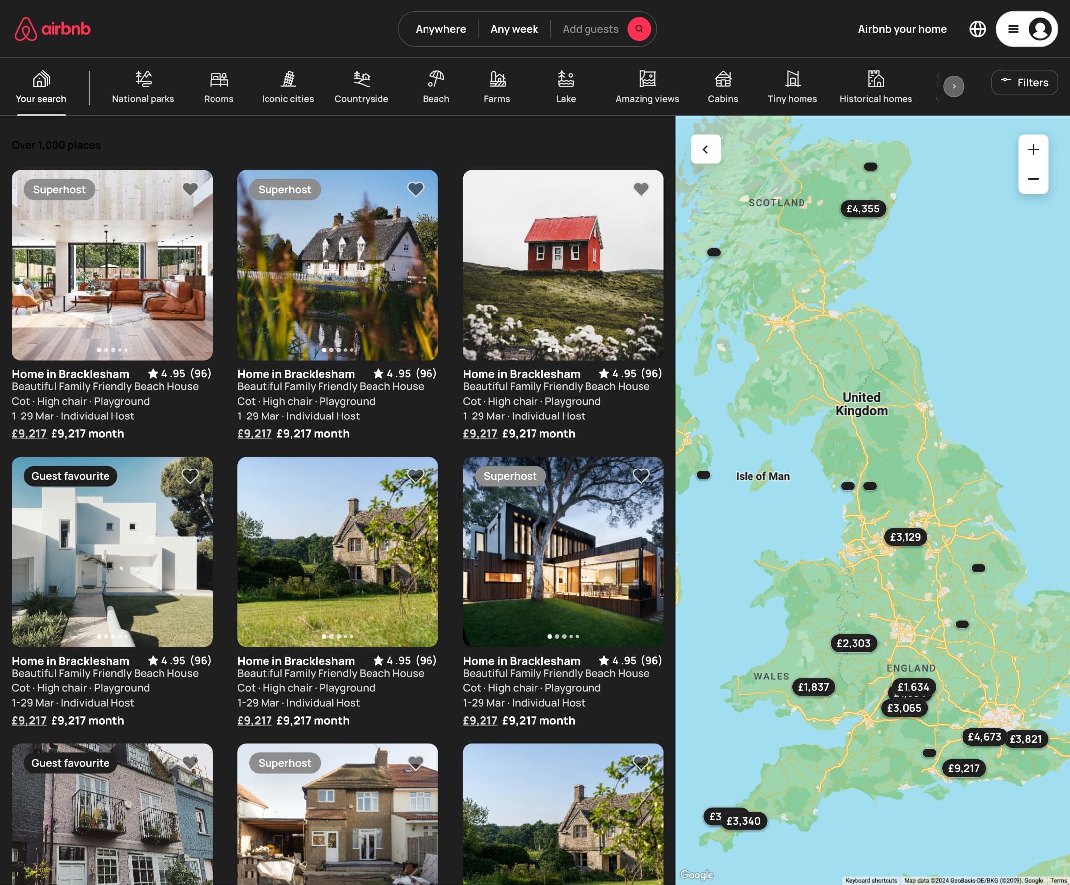 Dark mode: desktop search results: listing grid beside a price-pin map.