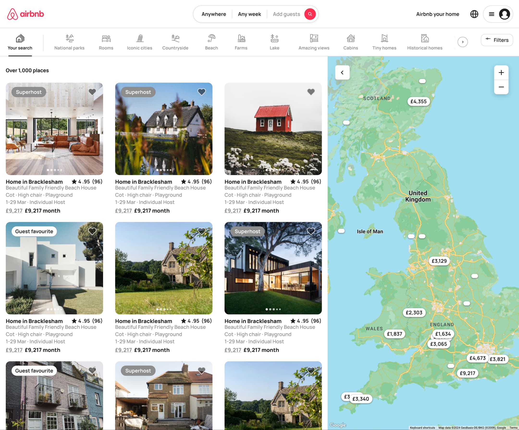 Desktop search results: listing grid beside a price-pin map.