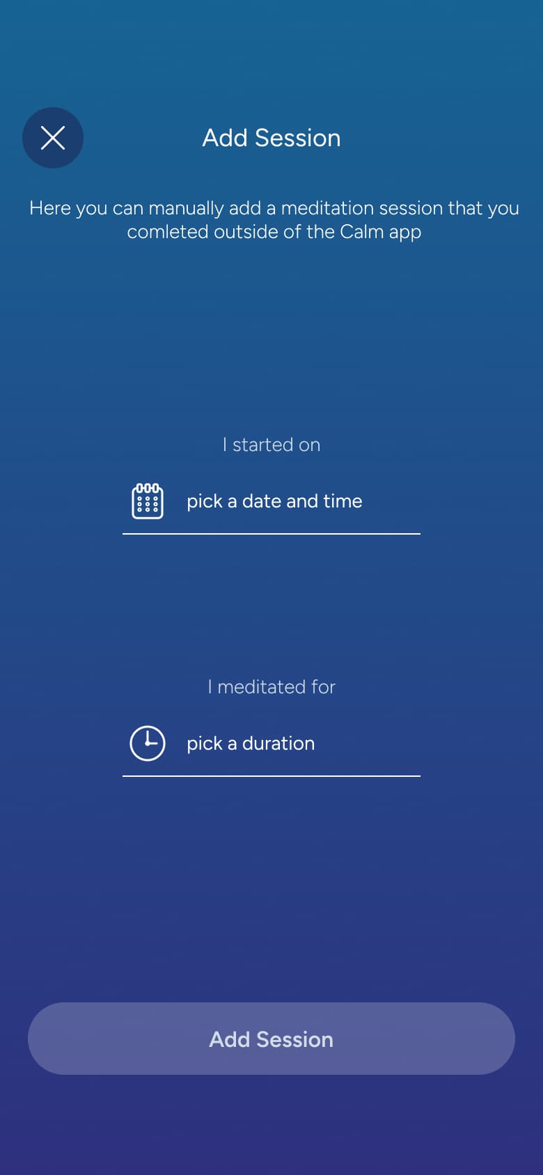 Add session: pick start date and duration.
