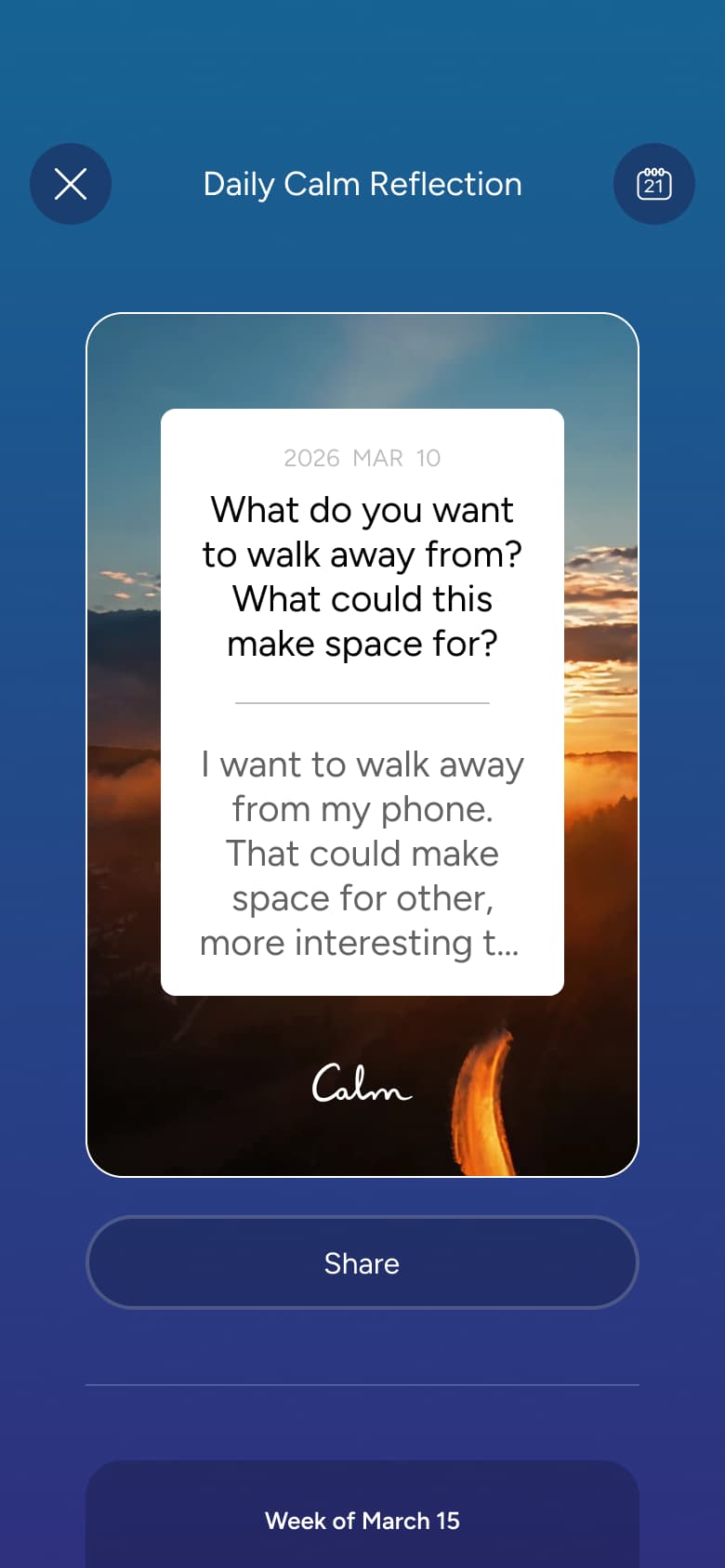 Reflection share card with share button.