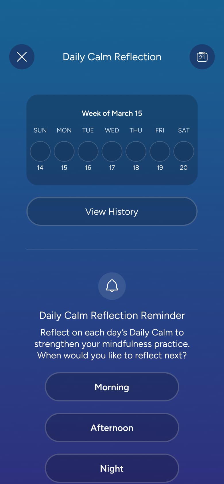 Week view, view history and reflection reminder time options.