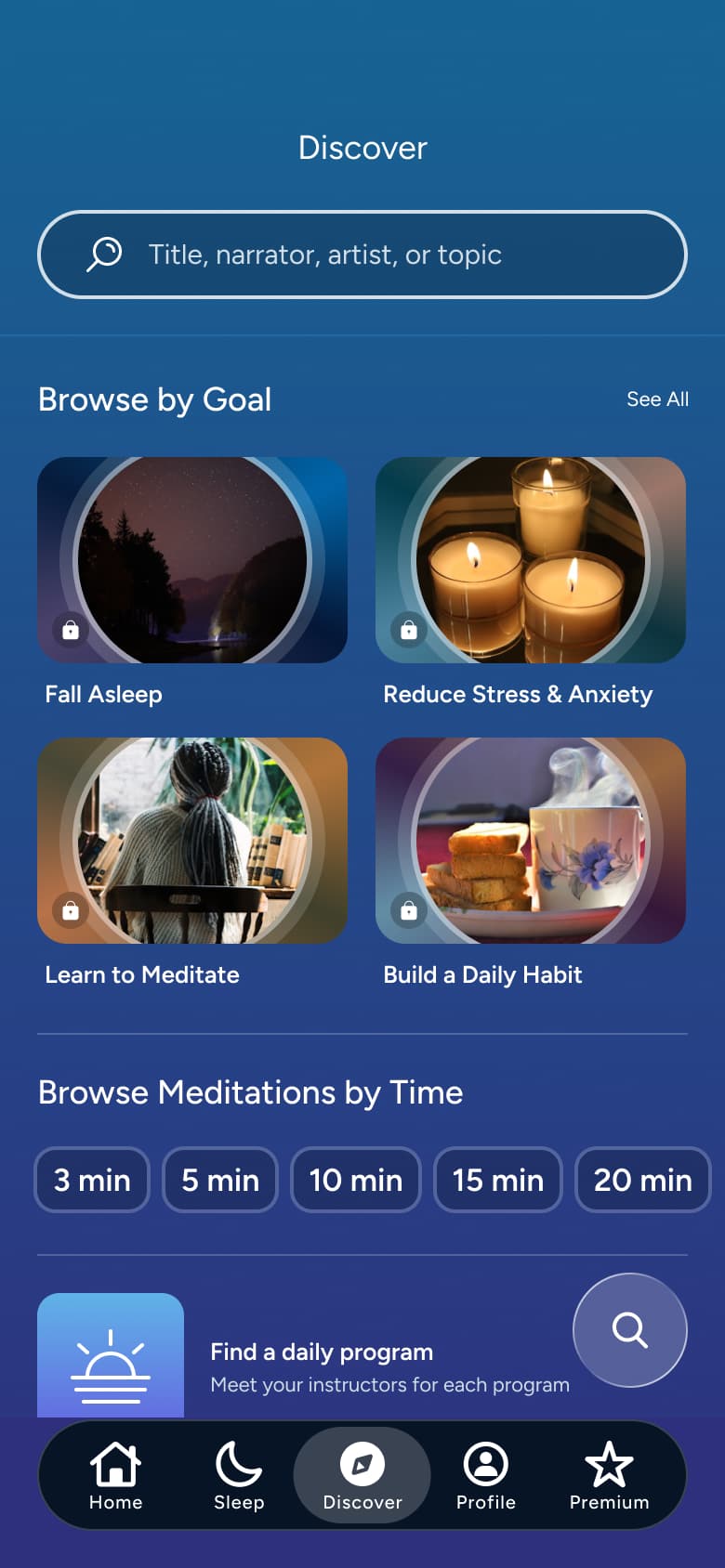 Discover: browse by goal and meditations by time chips.