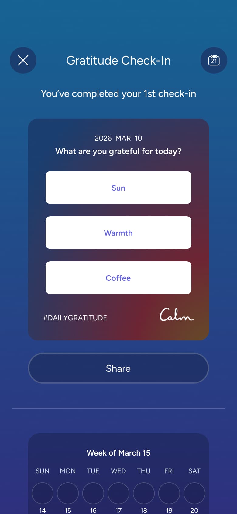 You've completed your first gratitude check-in with share card.