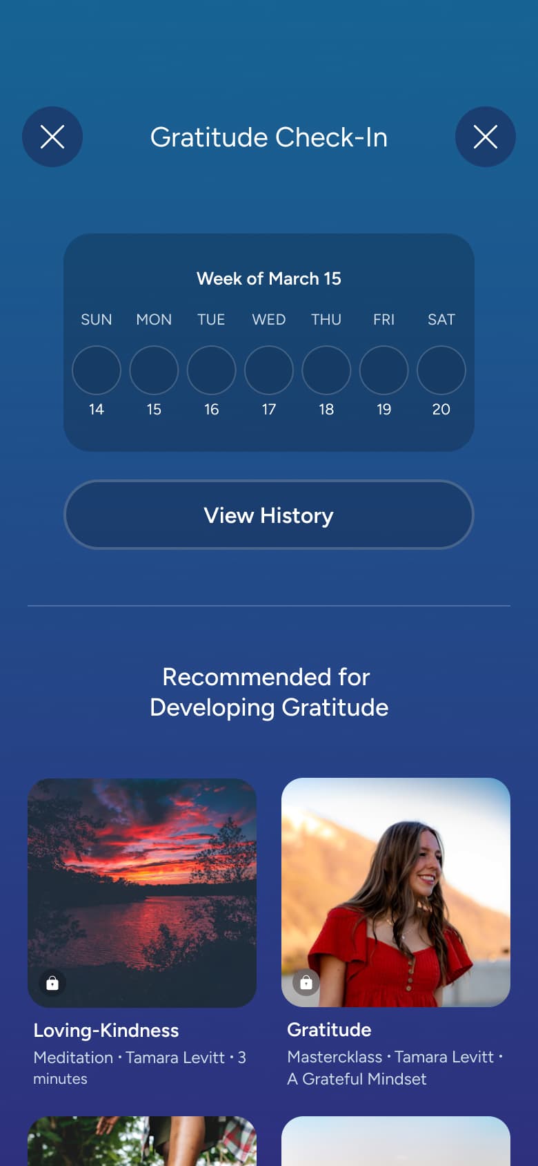 Gratitude week view and recommended sessions.