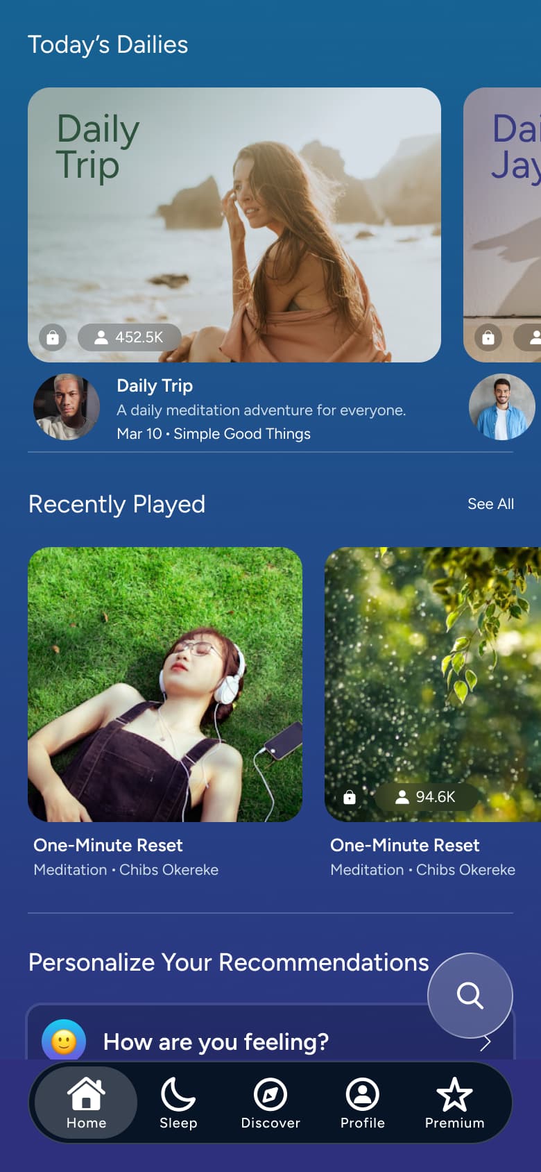 Home scrolled: dailies, recently played and personalise.