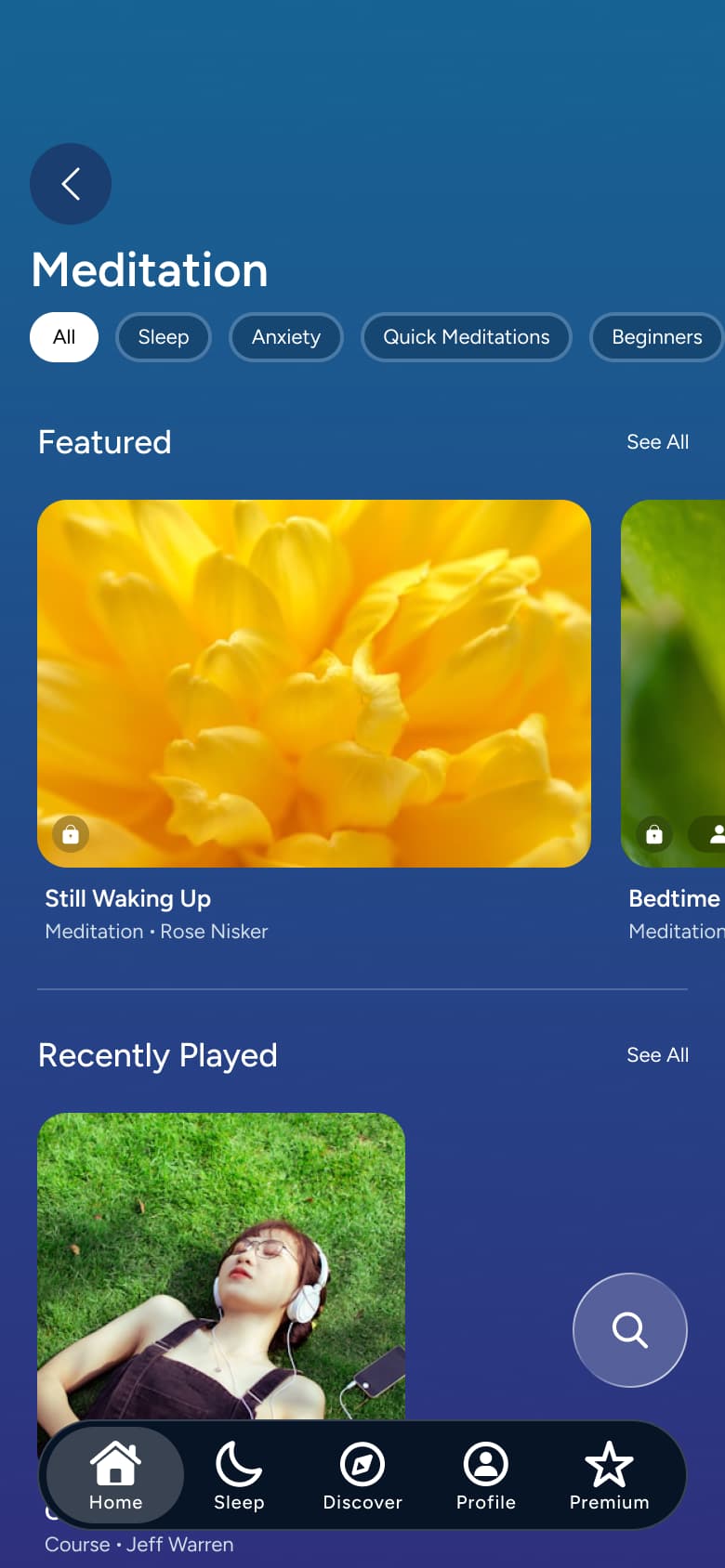 Meditation: category chips, featured and recently played.