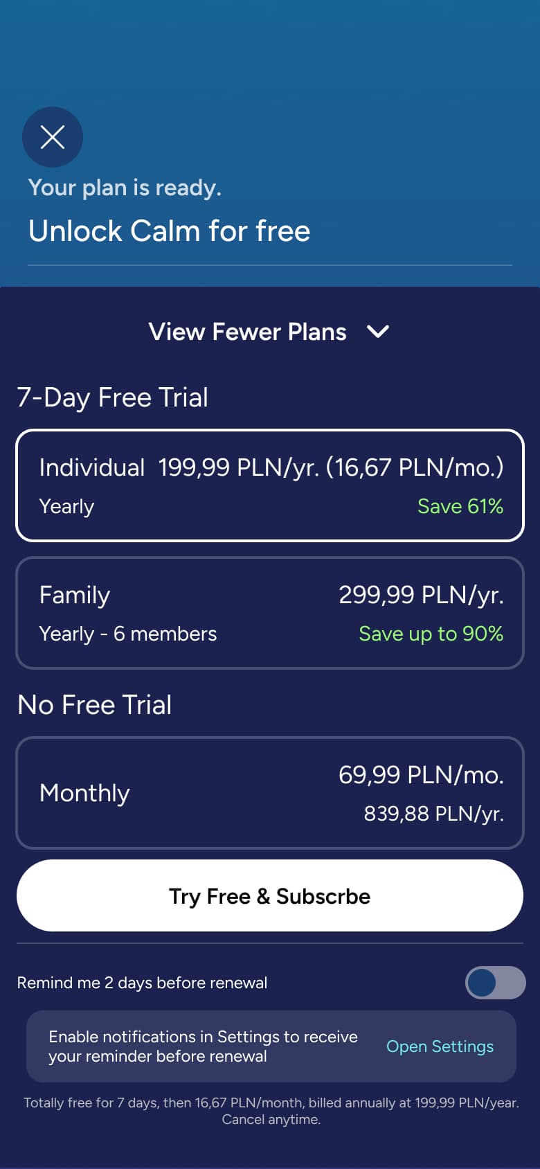 Your plan is ready: free trial, individual, family and monthly plans with reminder toggle.