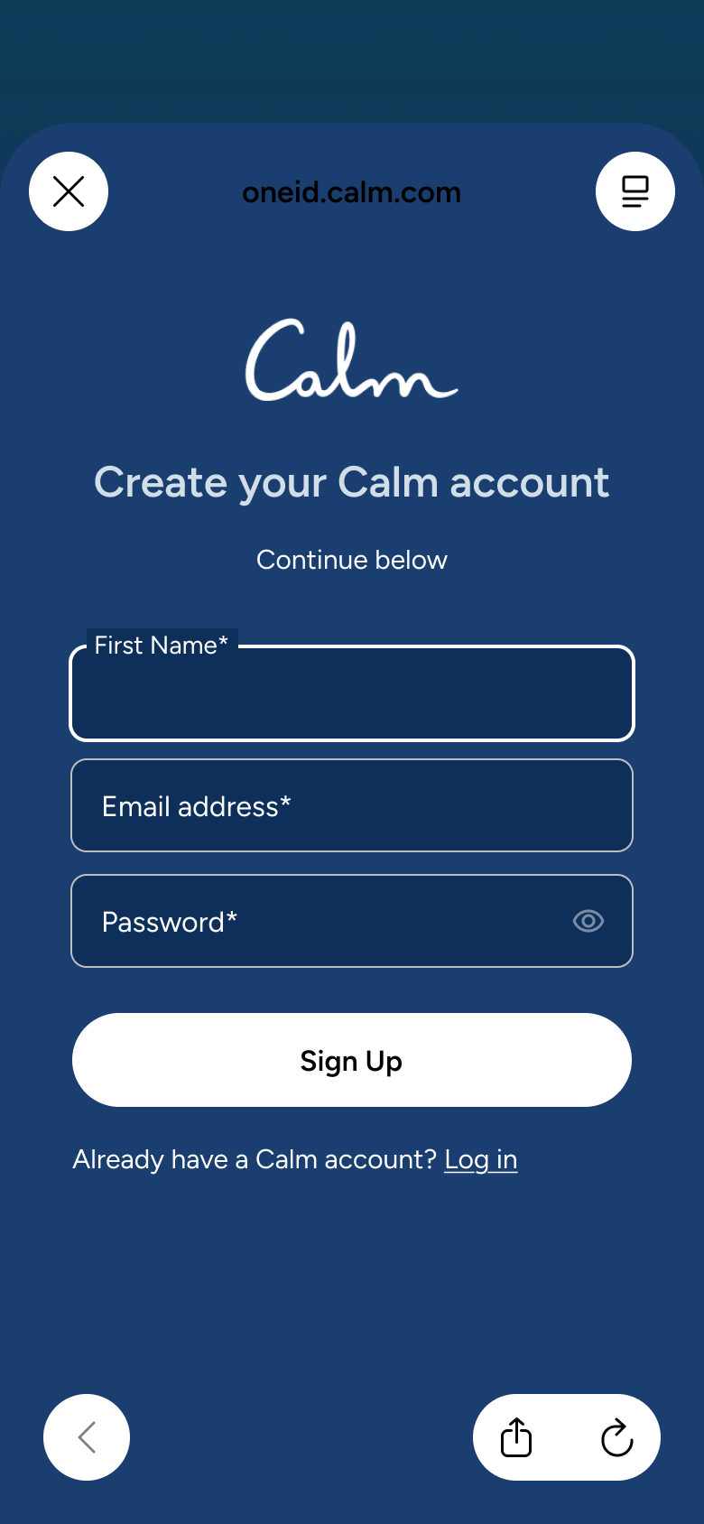 Create your account web view: first name, email and password.