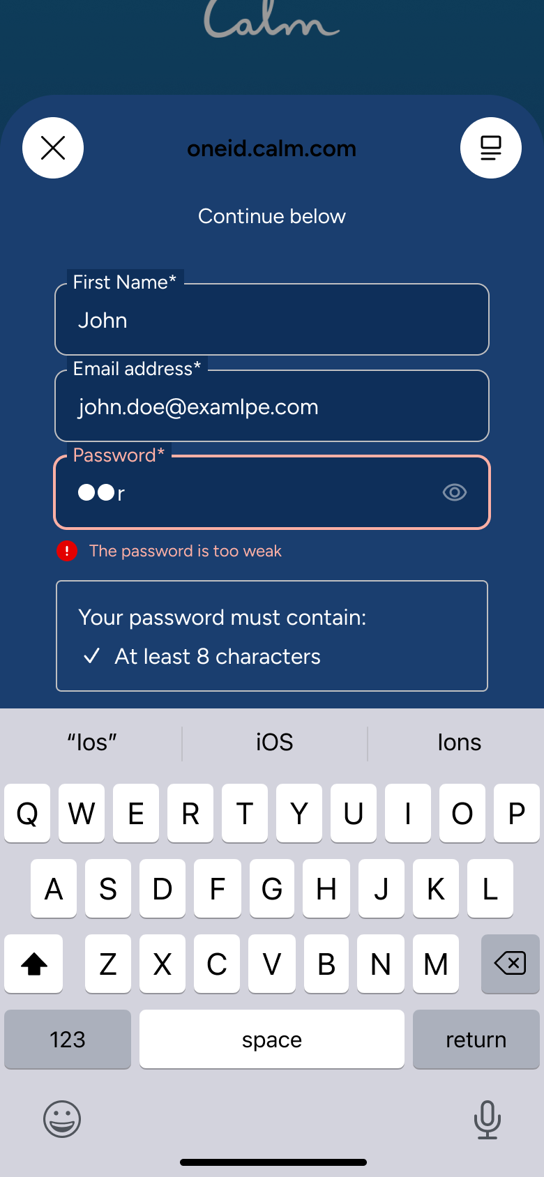 Password too weak error with requirement.