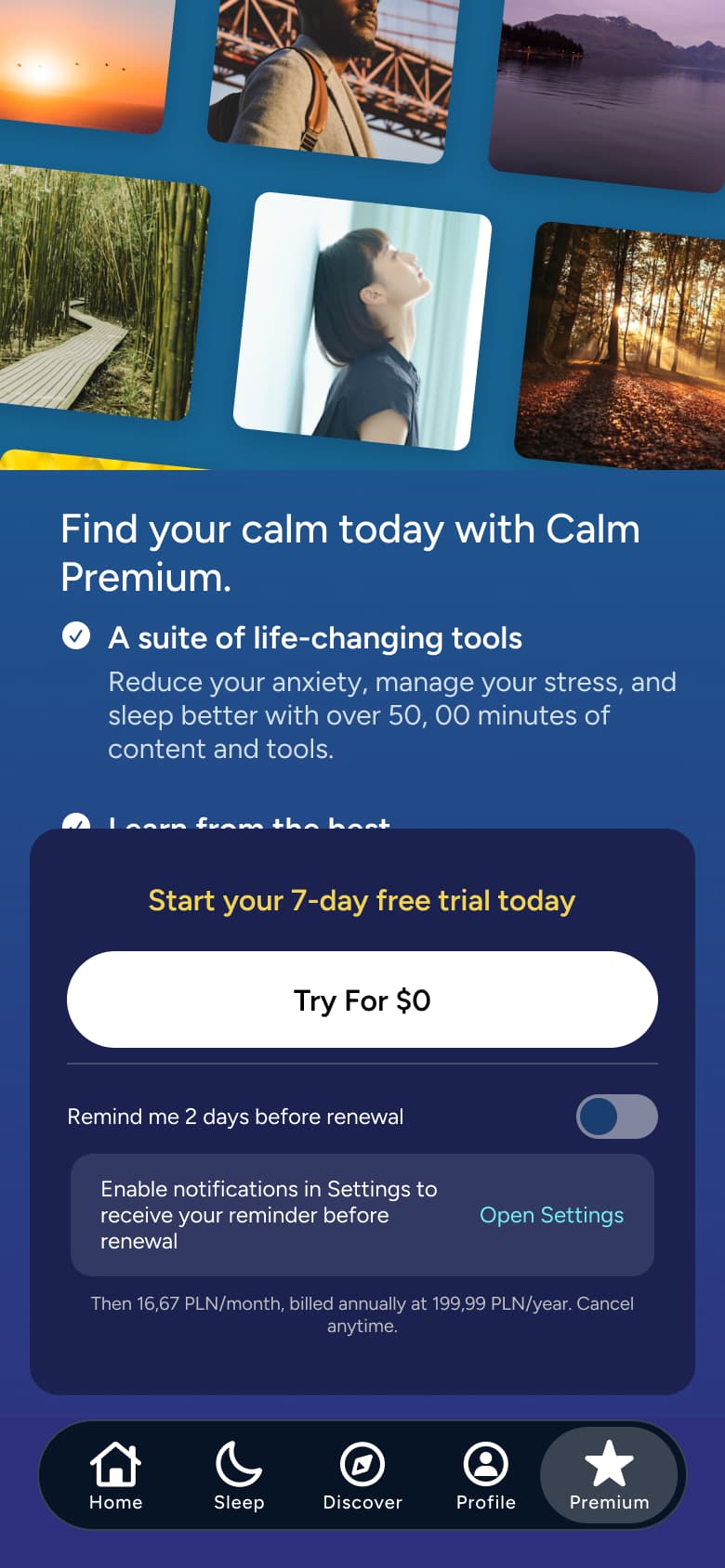 Premium paywall with seven-day trial and reminder toggle.