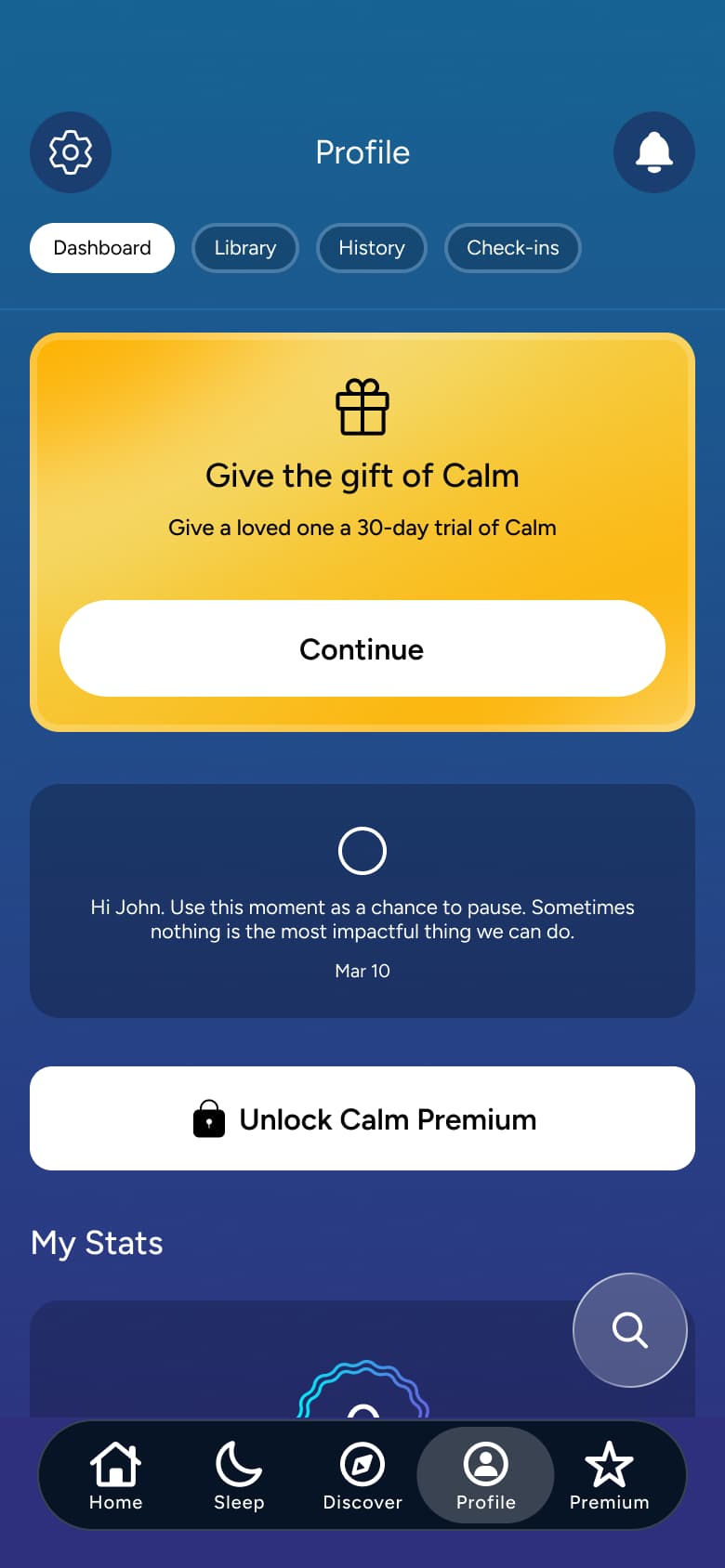 Profile dashboard: gift promo, quote card, unlock premium and my stats.