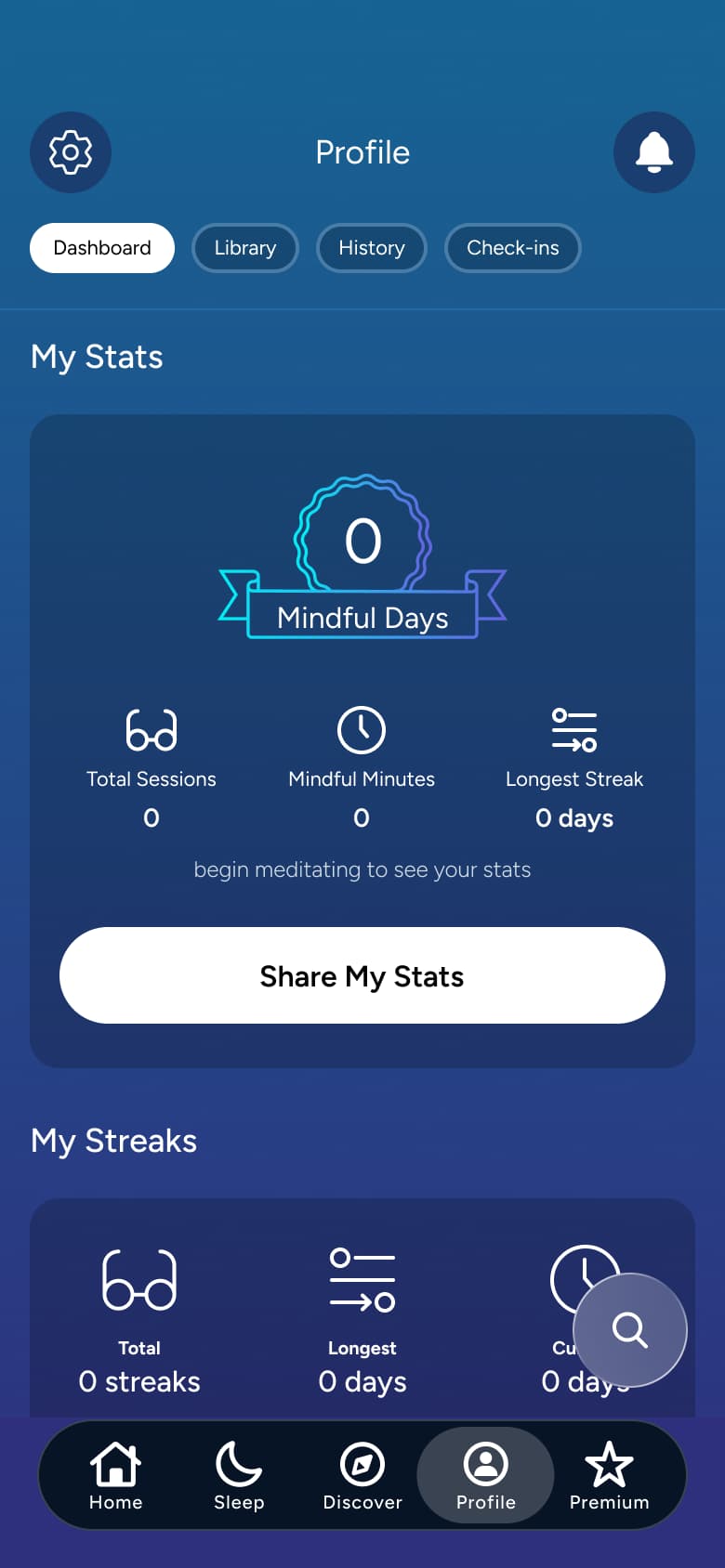 Profile my stats: mindful days, sessions, minutes and share stats.