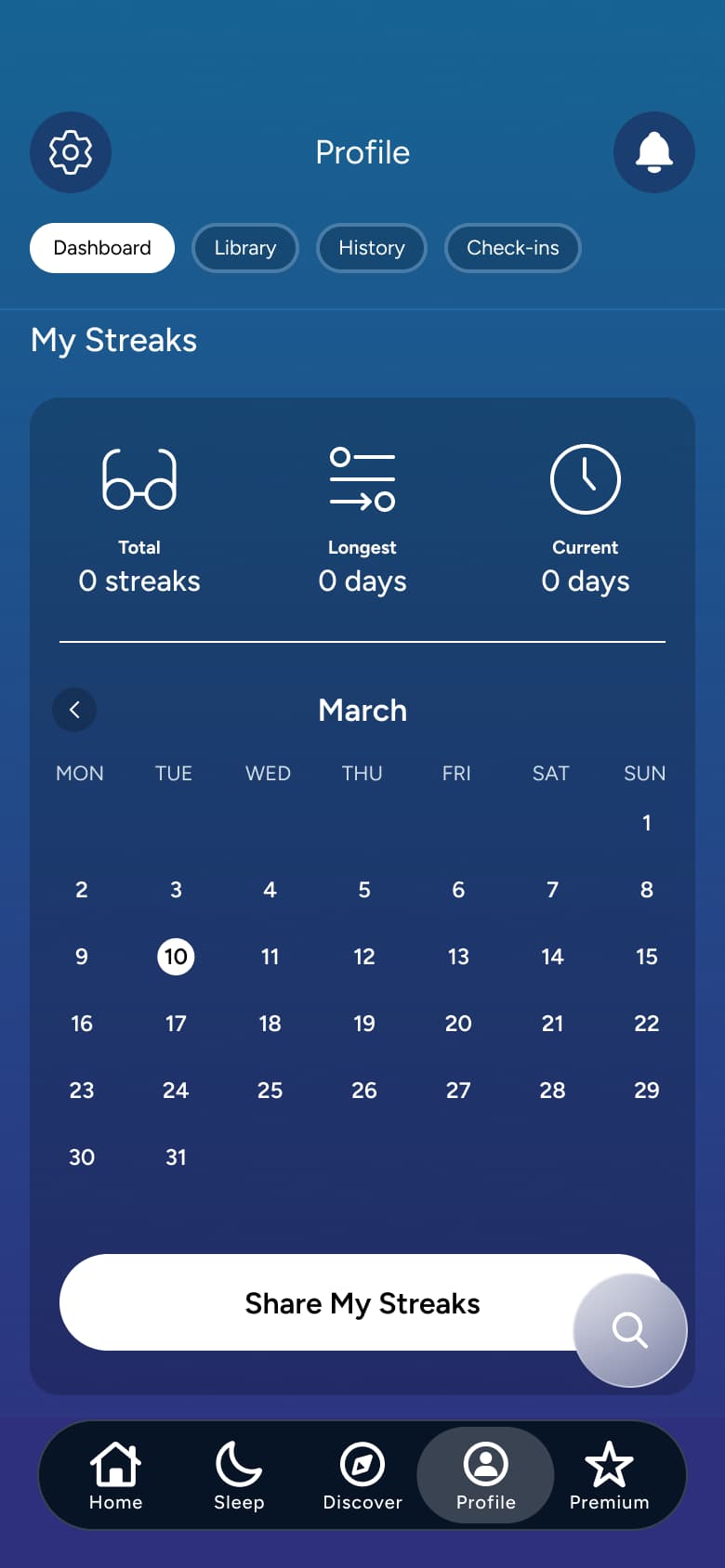 Profile my streaks calendar and share streaks.