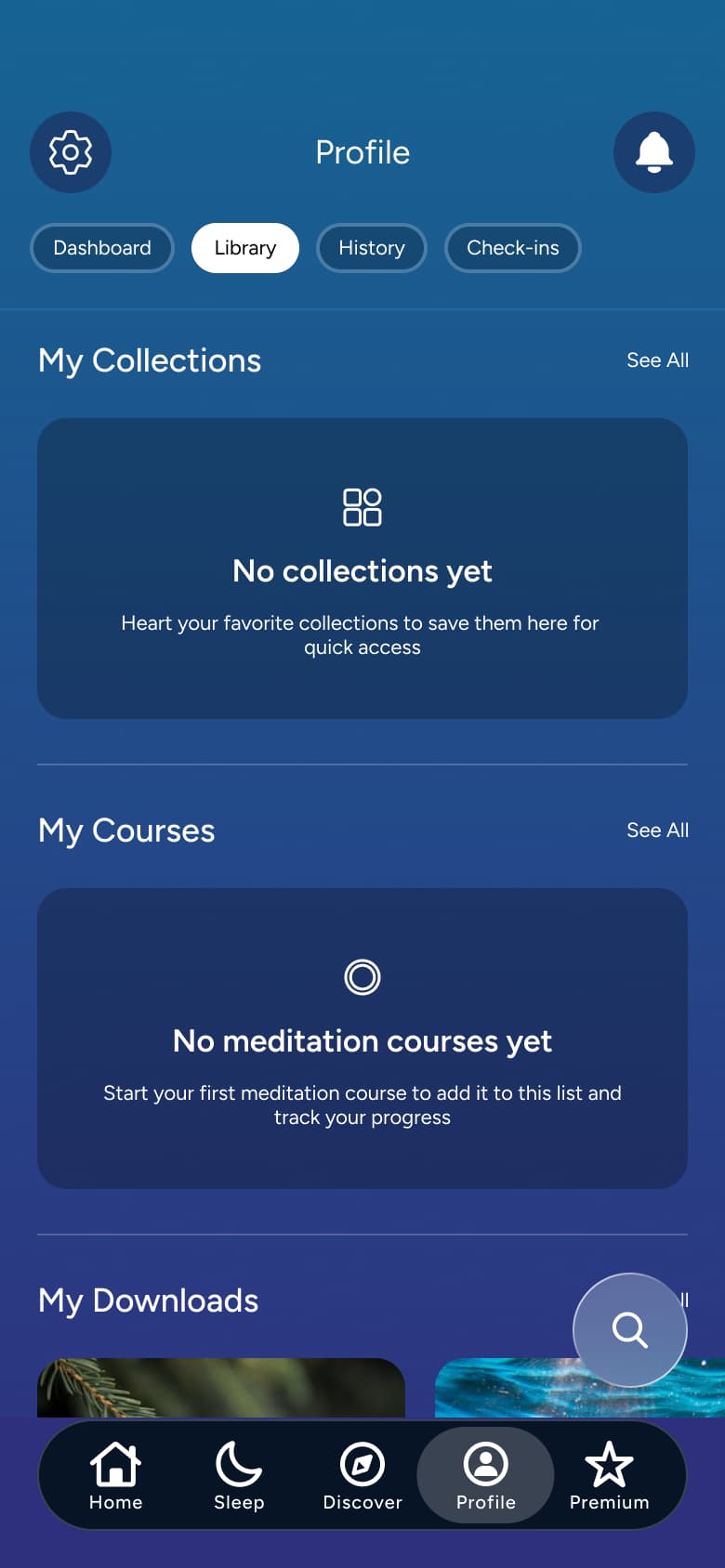 Library: no collections and no courses yet, downloads.