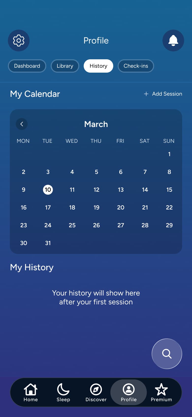 Profile history: calendar and history will show after first session.