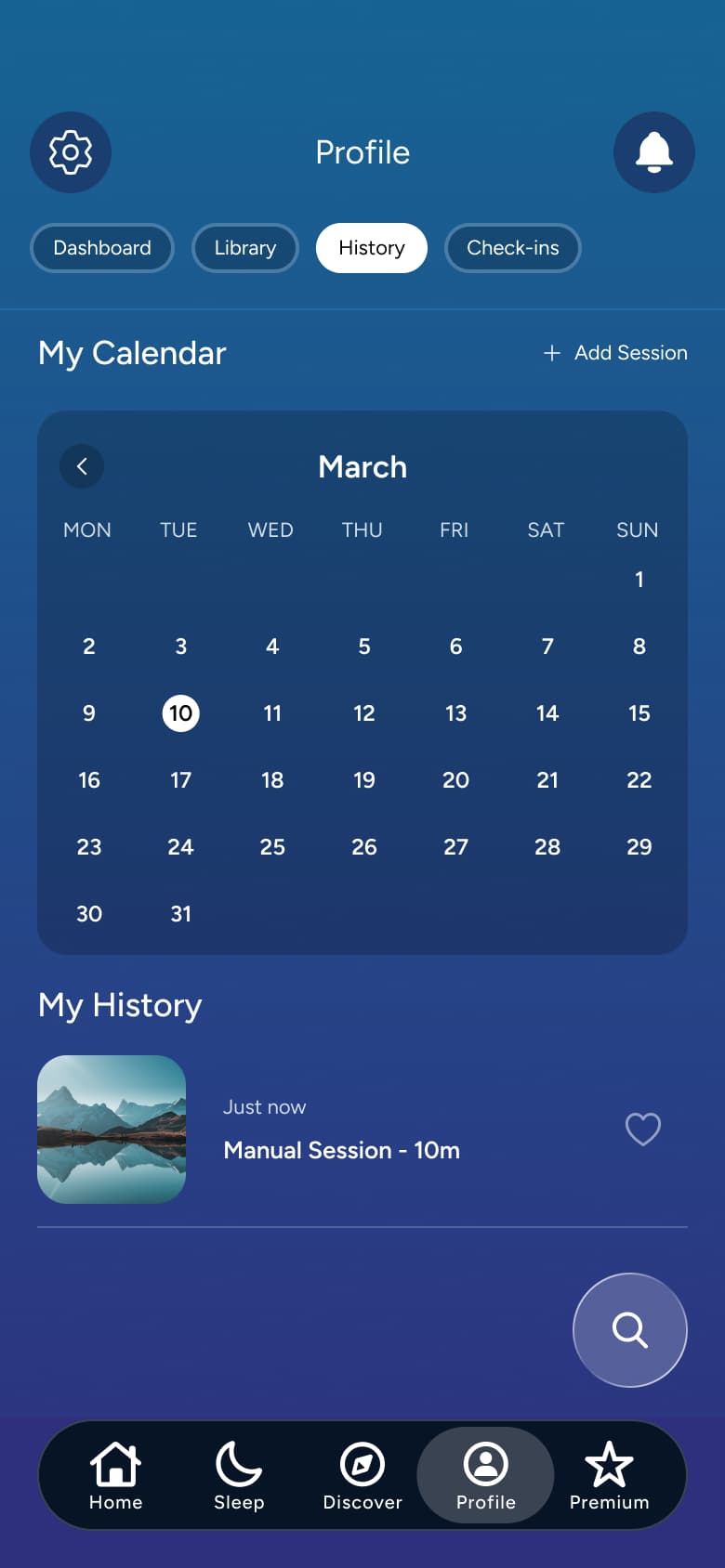 Profile history with a manual session logged.