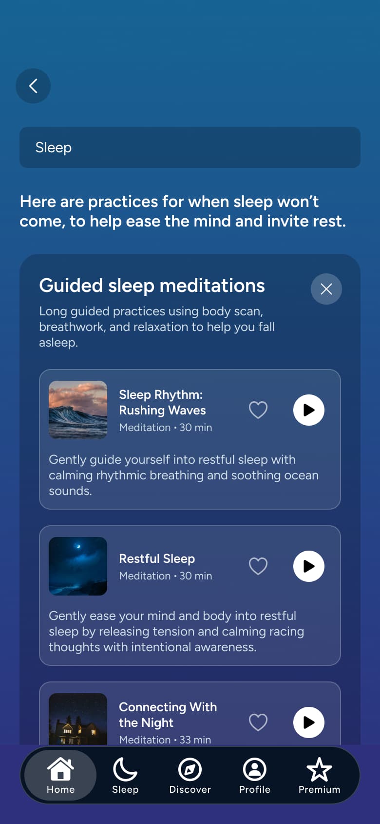 Search results: guided sleep meditations card with play buttons.