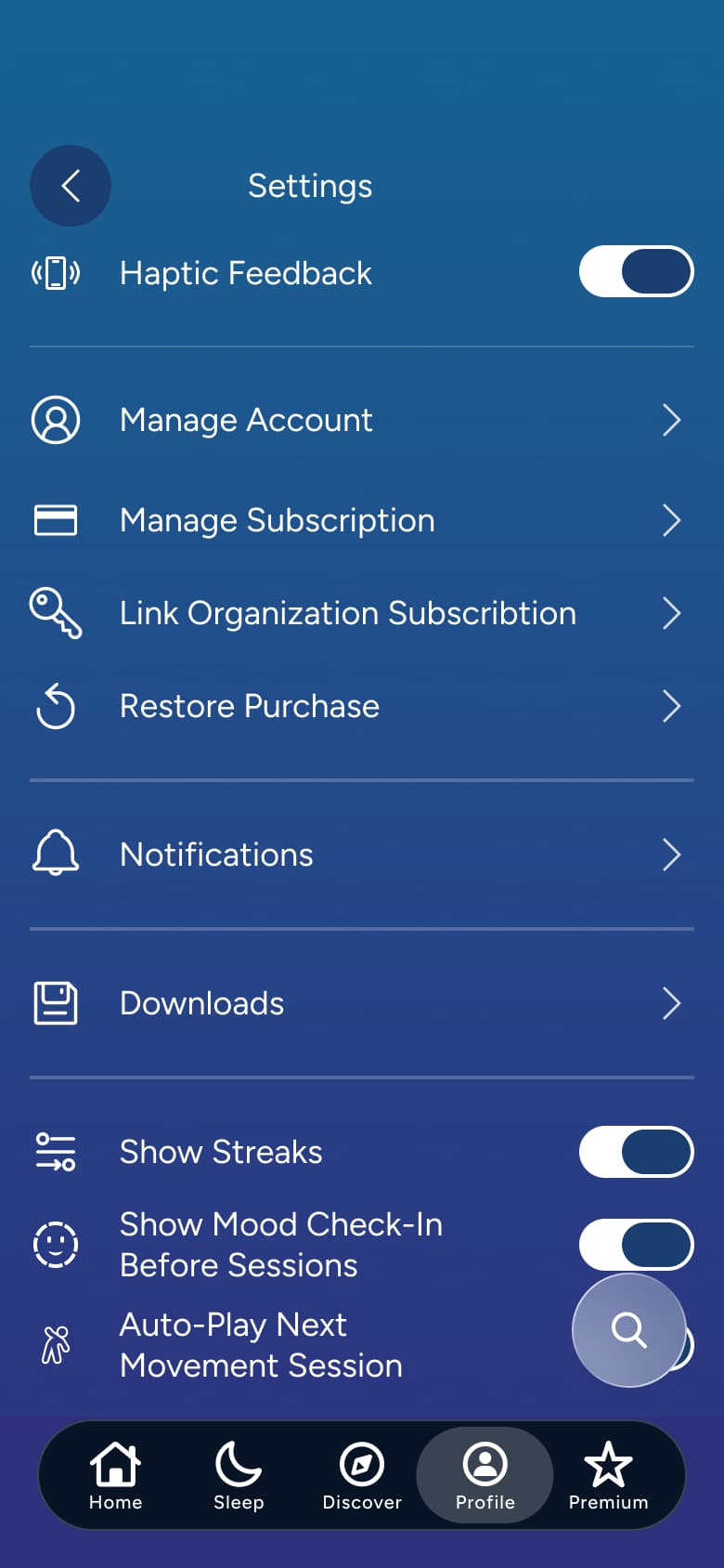 Settings: haptics, account, subscription, purchases, notifications, downloads and toggles.