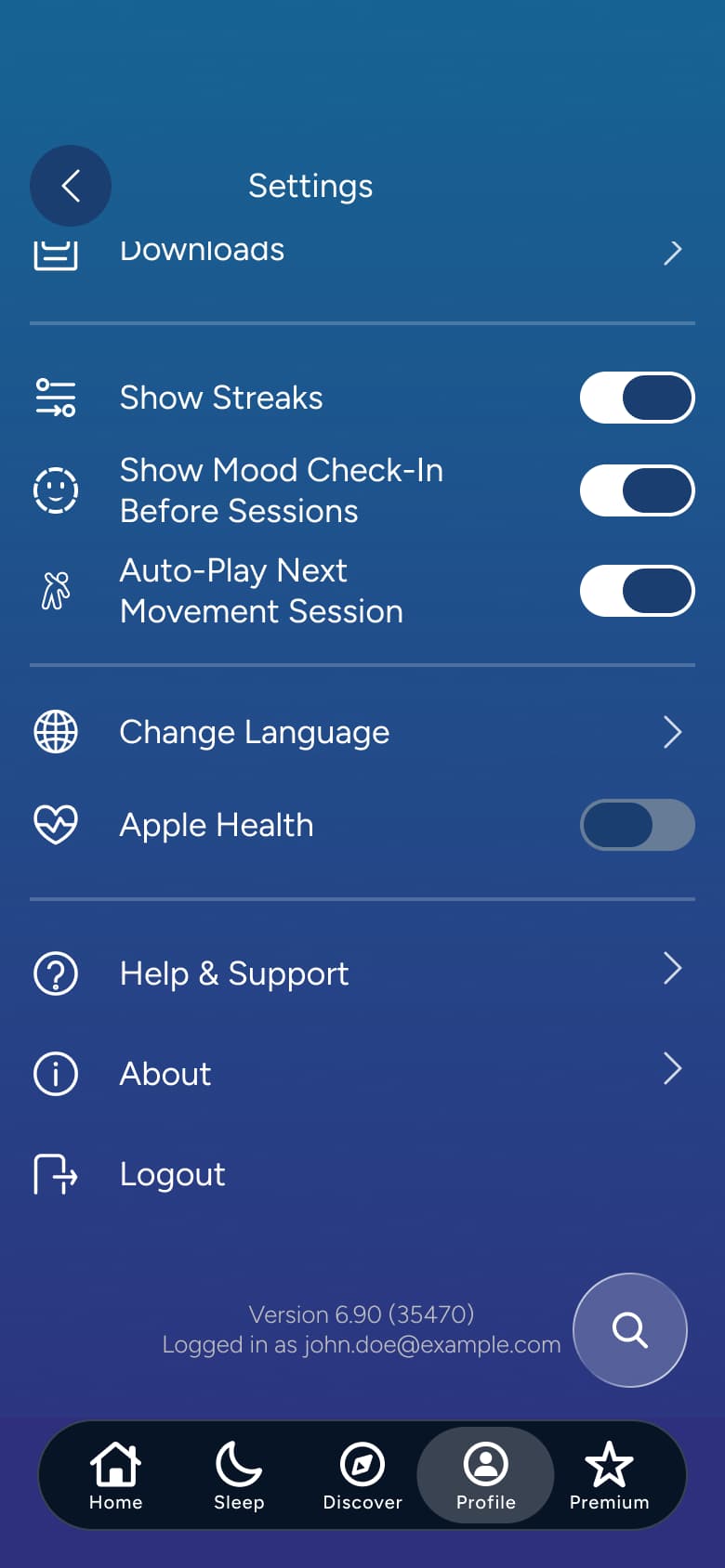 Settings scrolled: language, health, help, about and log out.