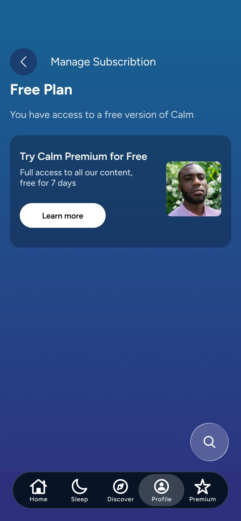 Manage subscription: free plan with premium trial card.