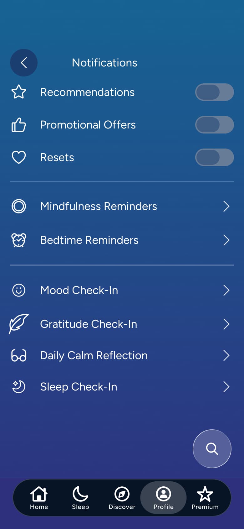 Notifications: toggles and reminder rows for practices and check-ins.