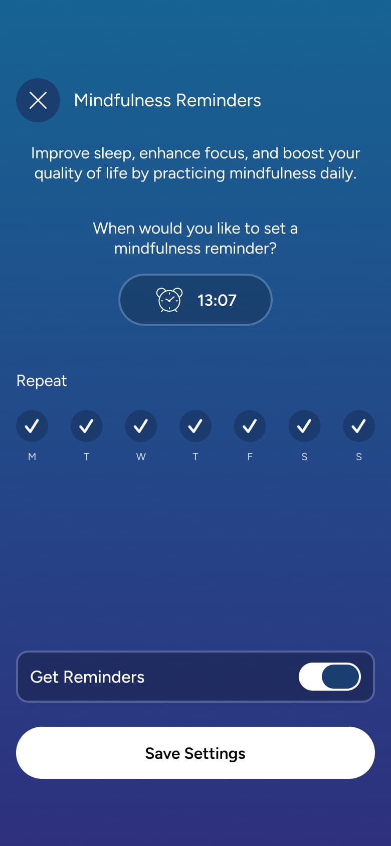 Mindfulness reminders: time, repeat days and get reminders toggle.