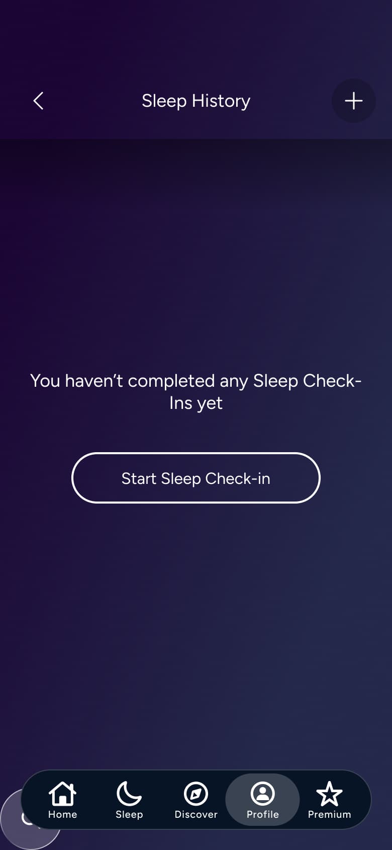 Sleep history: no sleep check-ins yet.
