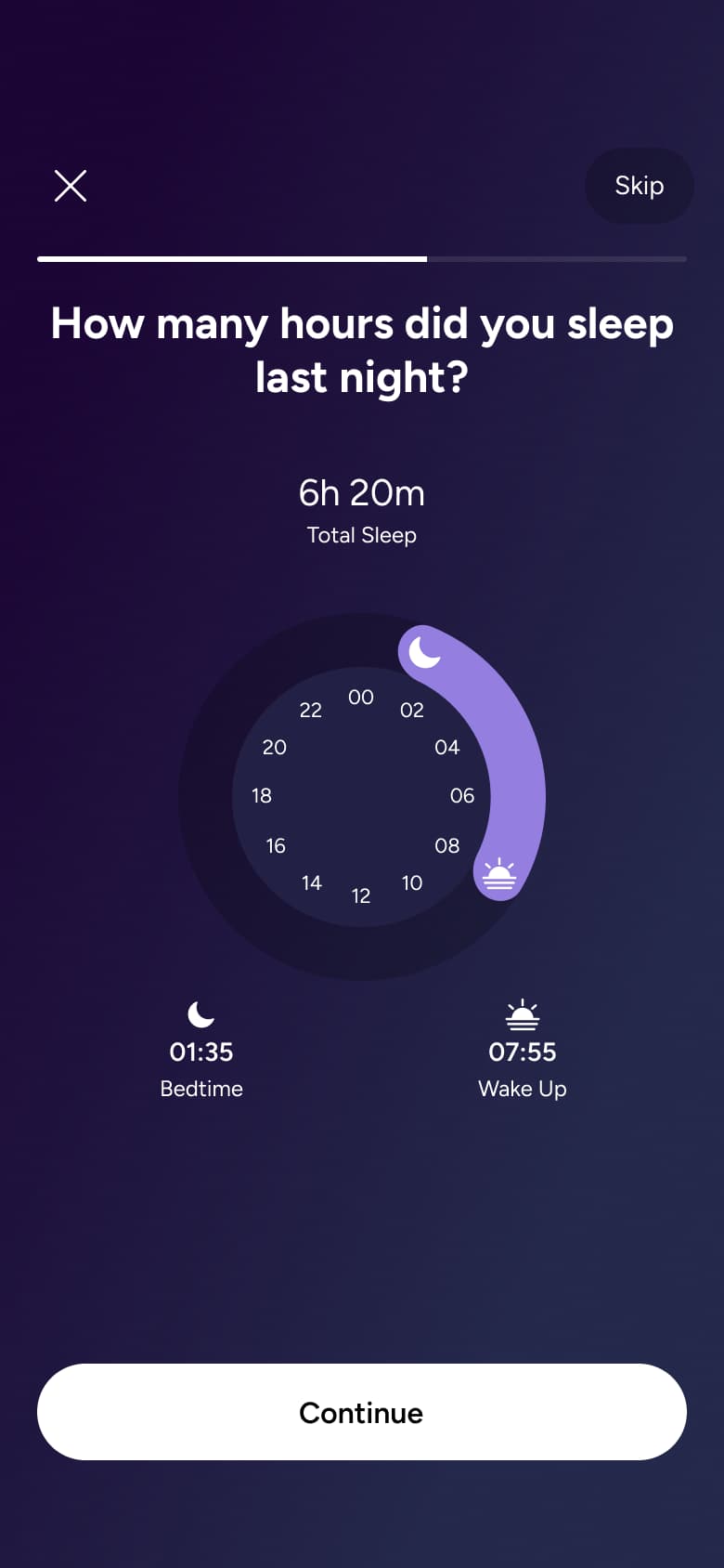 How many hours did you sleep: circular bedtime and wake dial.