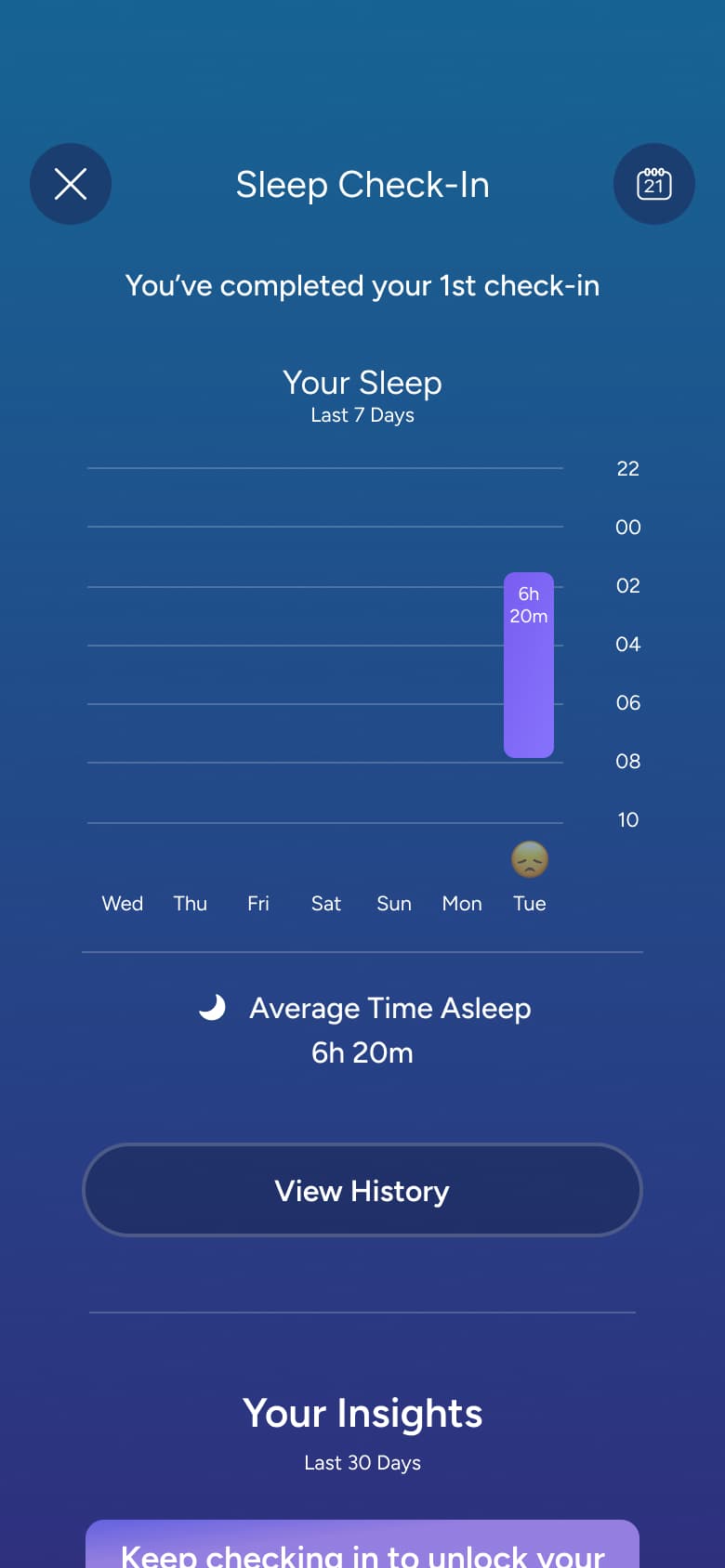 First sleep check-in complete: your sleep chart and average time asleep.