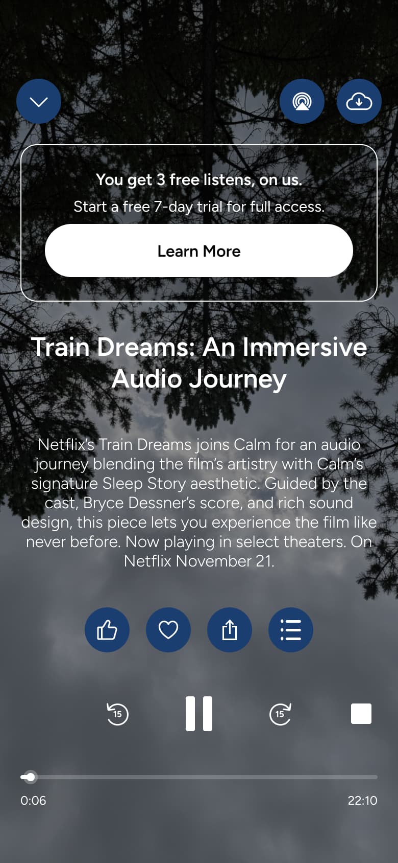 Sleep story player with description, scrubber and controls.