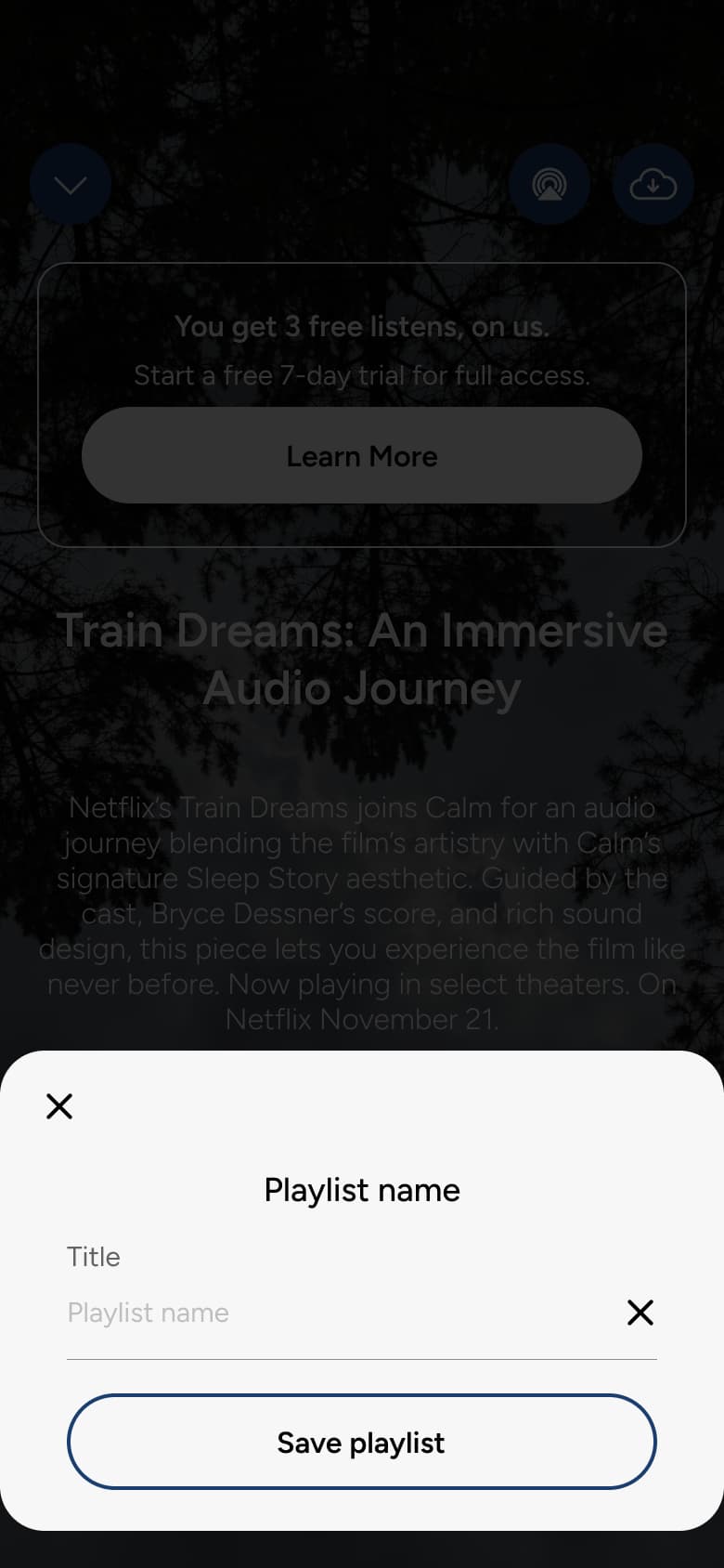 Playlist name sheet over player.