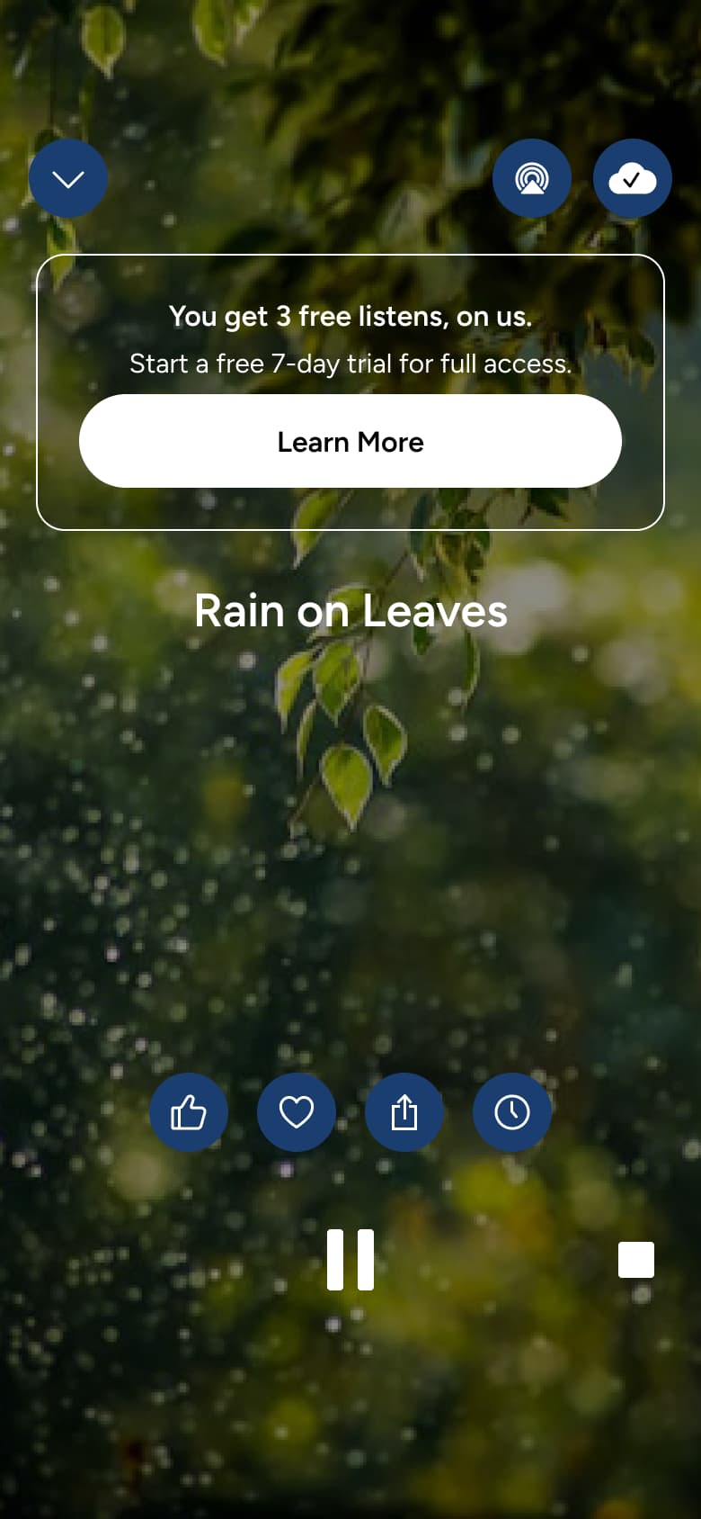 Soundscape player with free listens banner, learn more and playback controls.