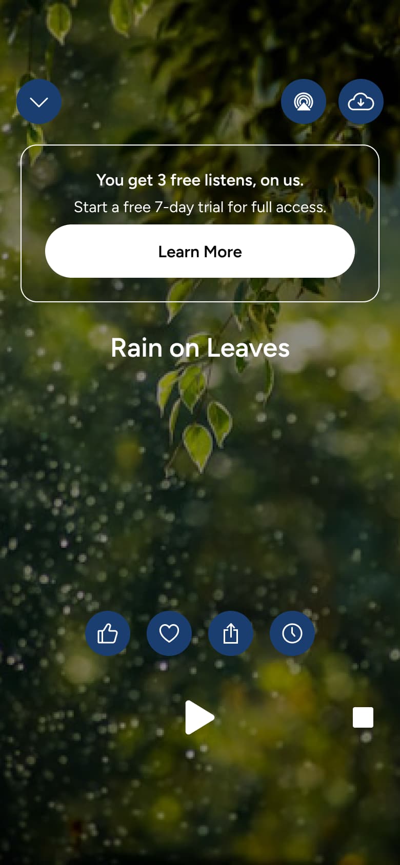 Soundscape player with free listens banner and controls.