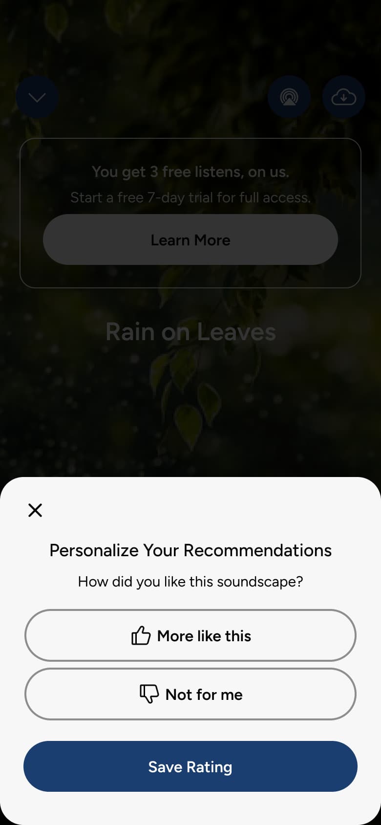 Personalise recommendations: rate the soundscape, more like this or not for me.