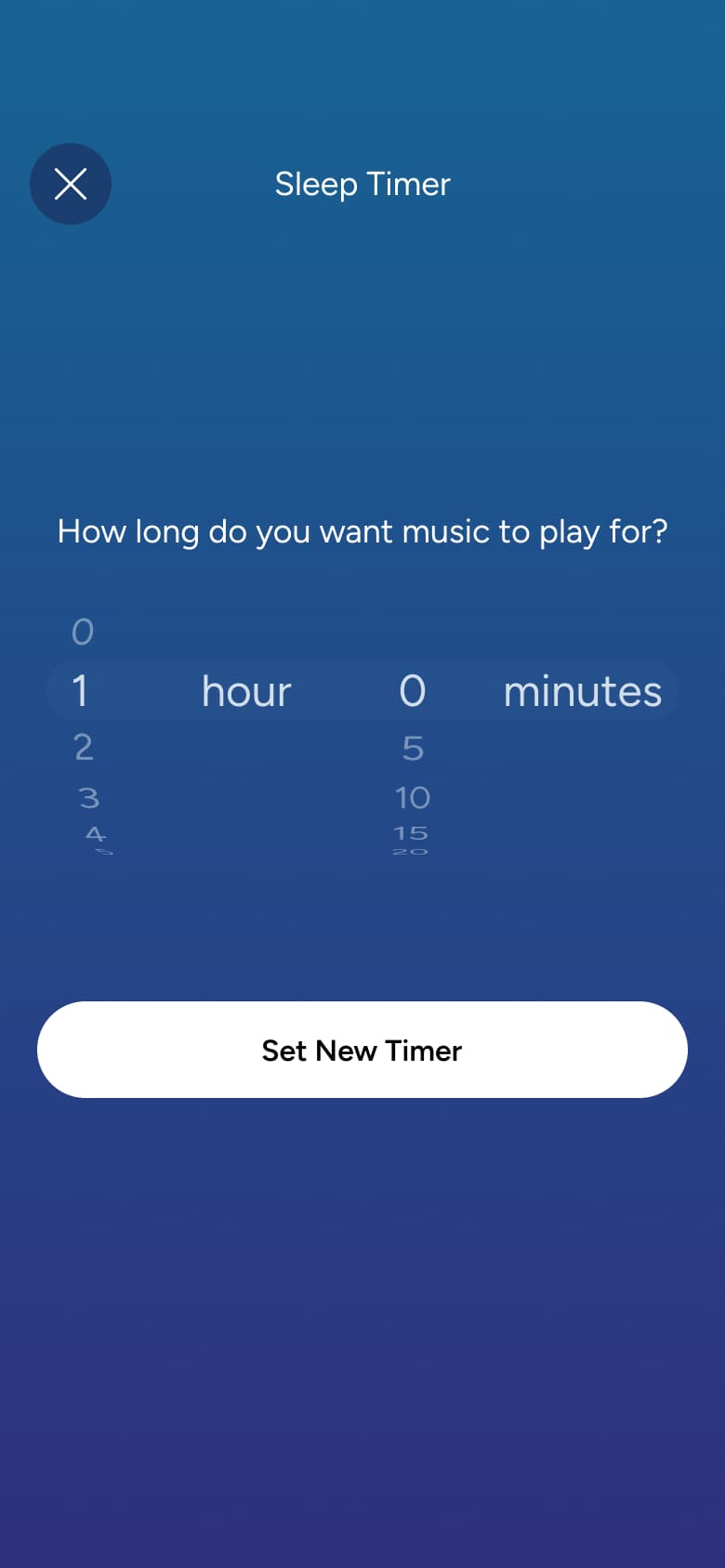 Sleep timer: how long should music play, set new timer.