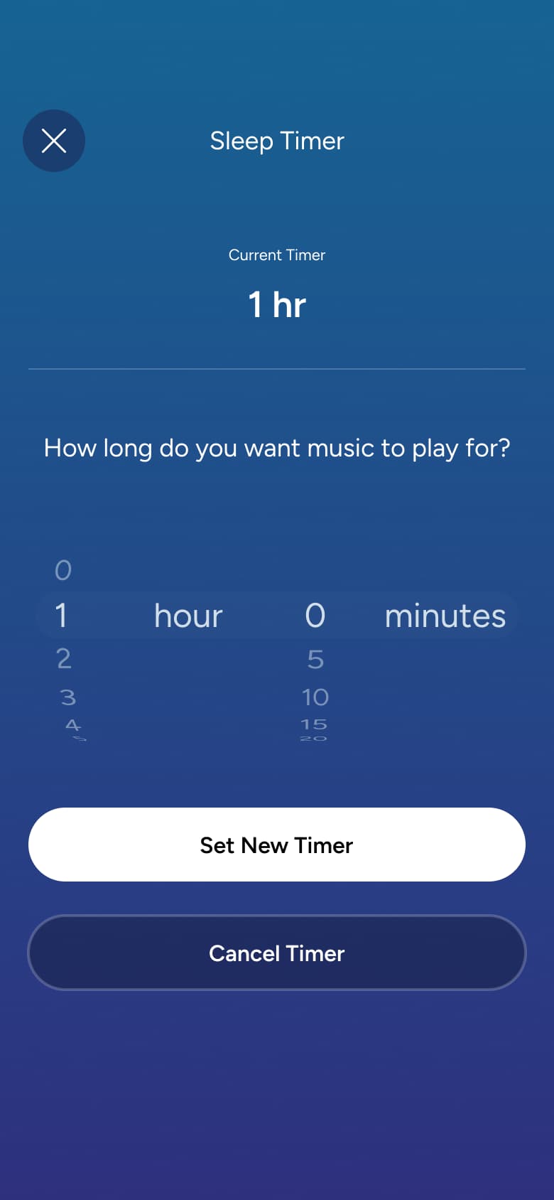 Sleep timer with current timer and cancel timer.