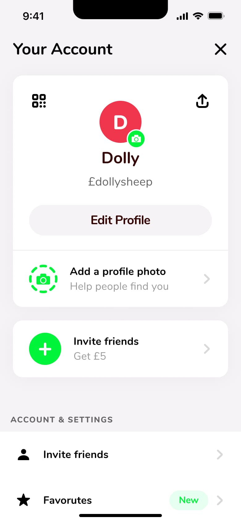 Your account: profile card, edit profile, add photo, invite friends and settings.