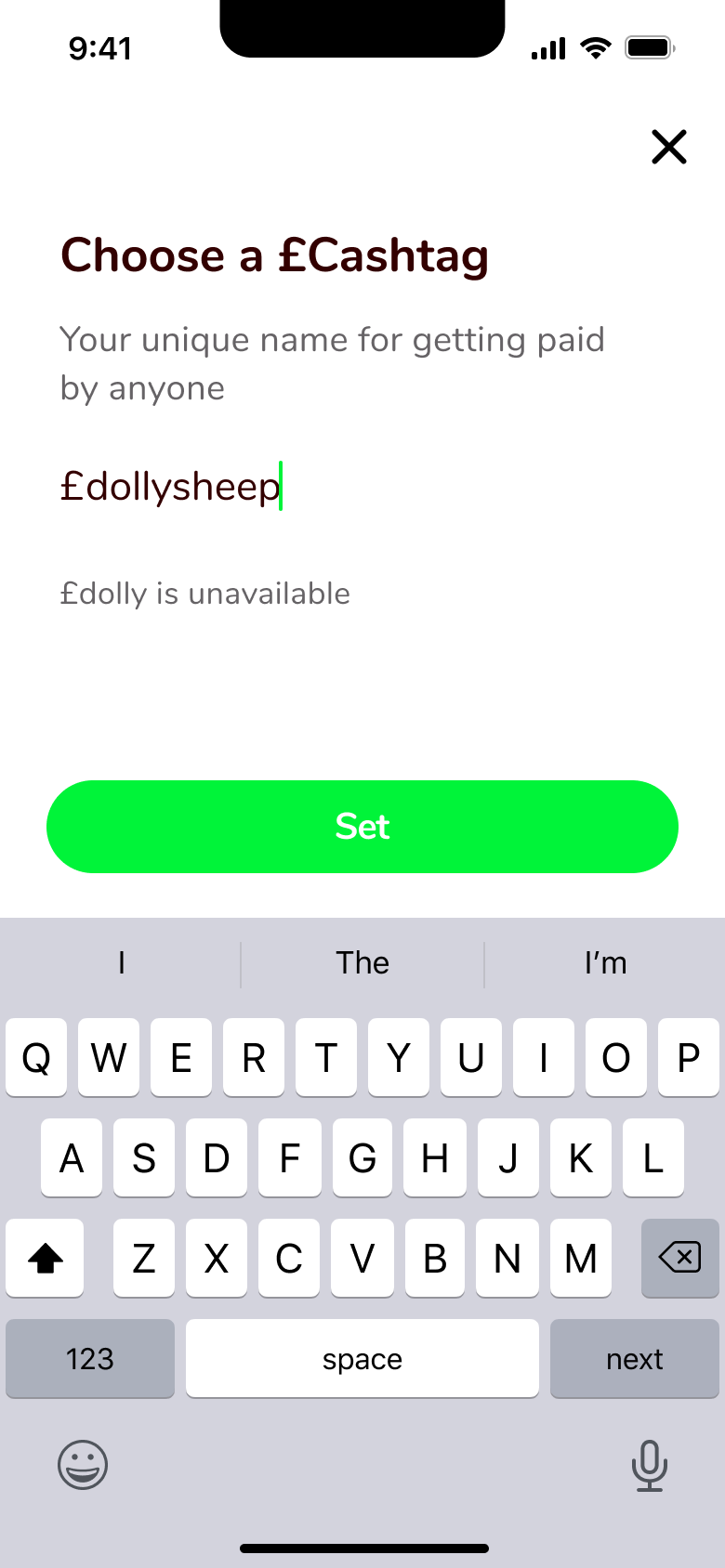 Choose a username with unavailable notice and set button.