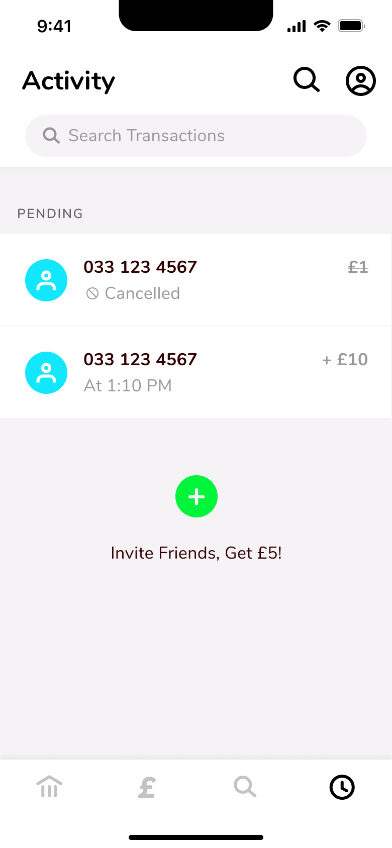 Activity showing a cancelled payment and a received request.
