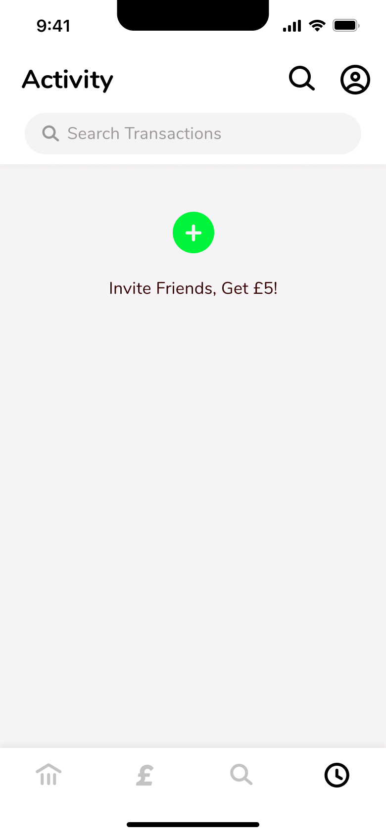 Activity with no transactions and invite friends prompt.