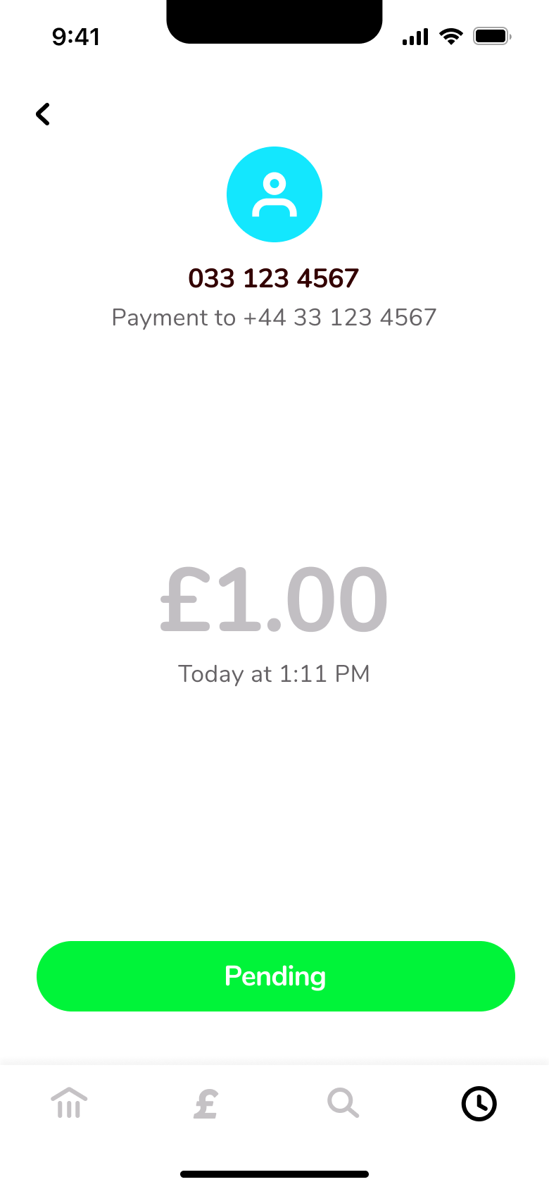 Pending payment detail: recipient, amount, time and pending status.