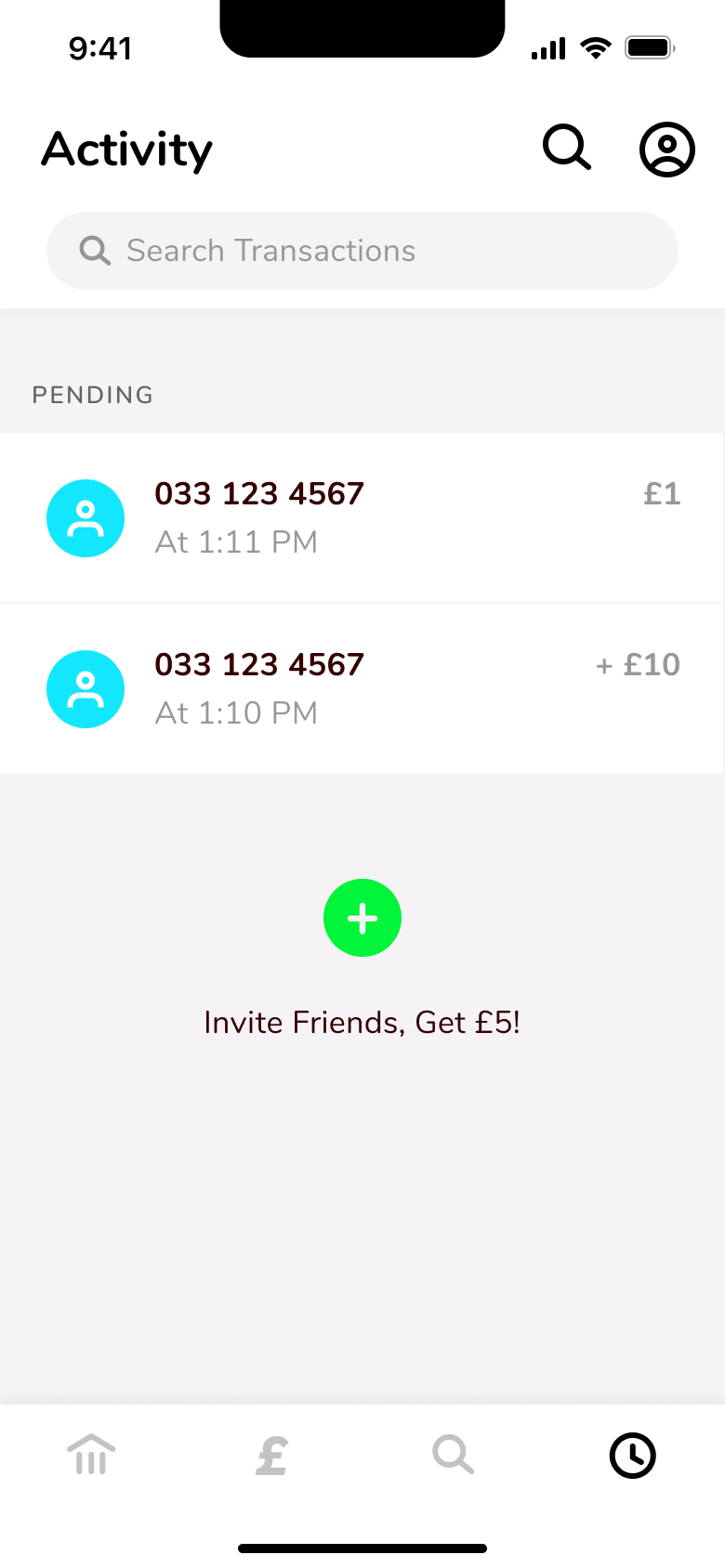 Activity with pending payment and request rows.