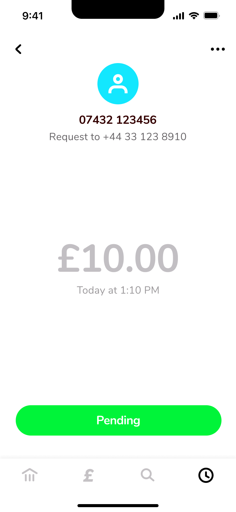 Pending request detail with amount and time.