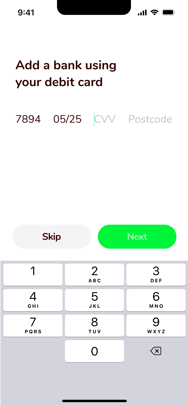 Expiry entered, CVV active.