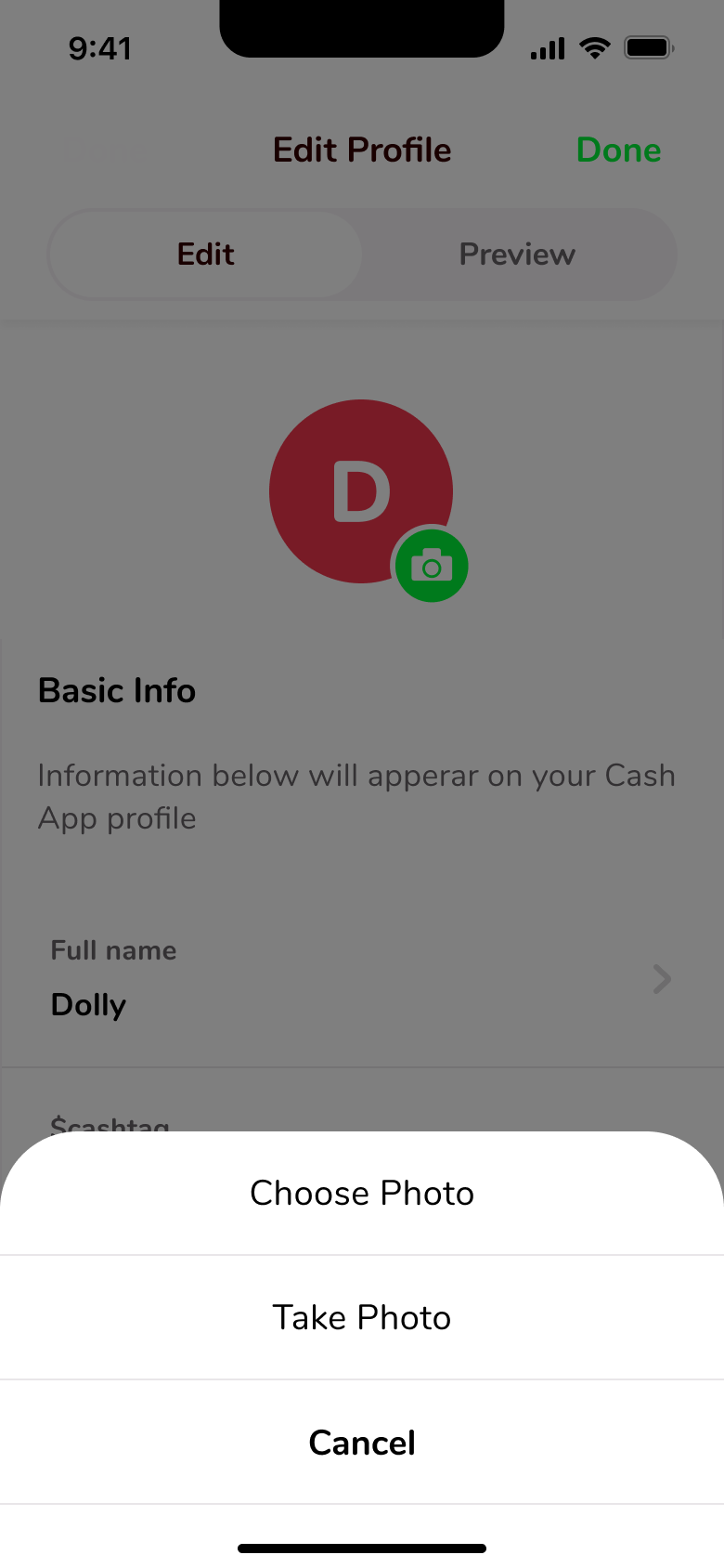 Profile photo action sheet: choose photo, take photo or cancel.