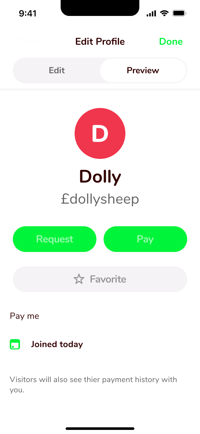 Public profile preview with request, pay and favourite buttons.