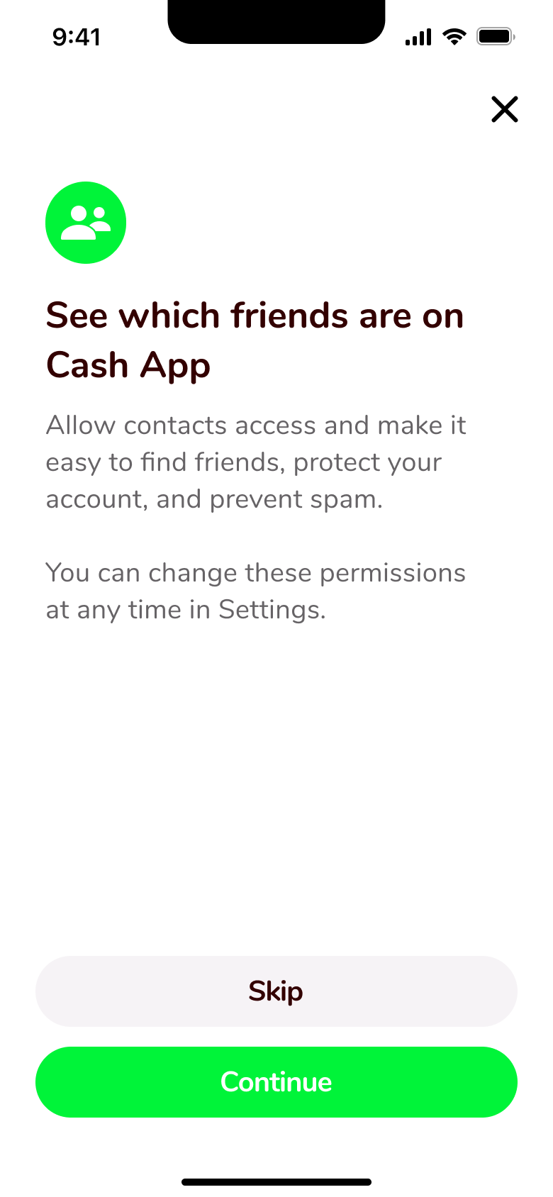 See which friends are on the app: contacts access priming with skip and continue.