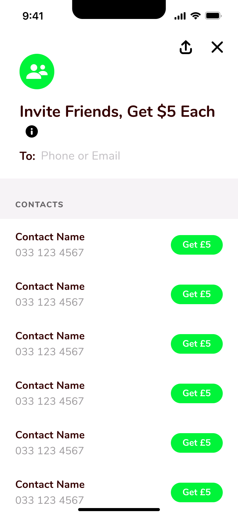 Invite friends for a reward: contacts list with get reward buttons.